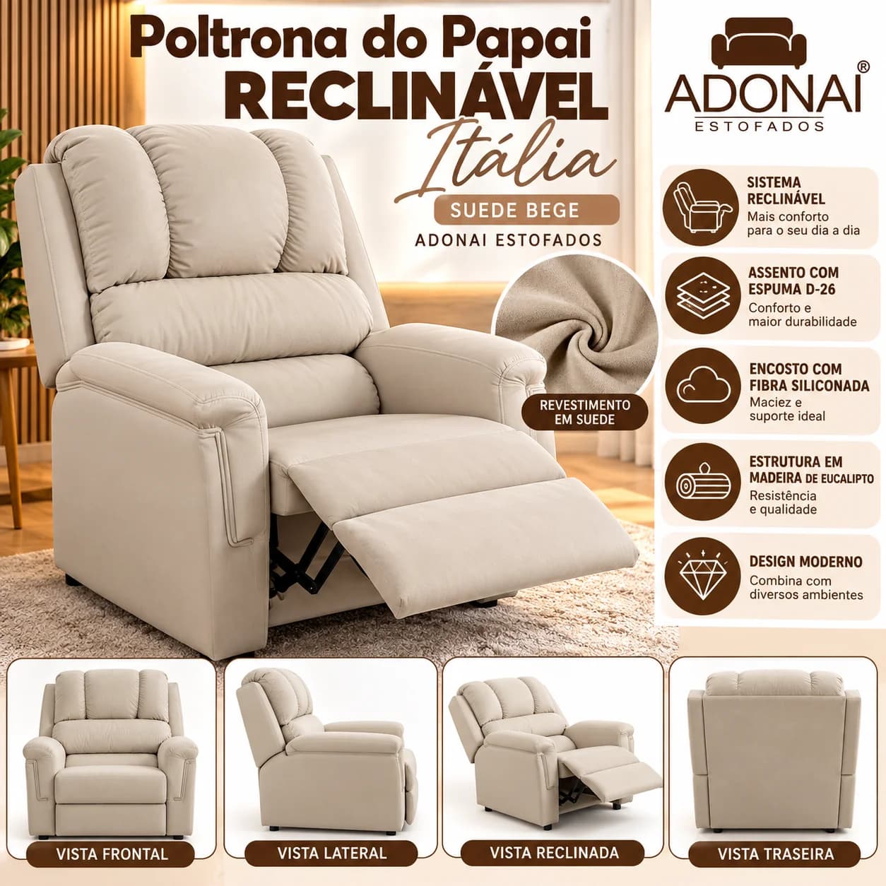 Poltrona do Papai Reclinável Itália Suede Bege Adonai Estofados - 1