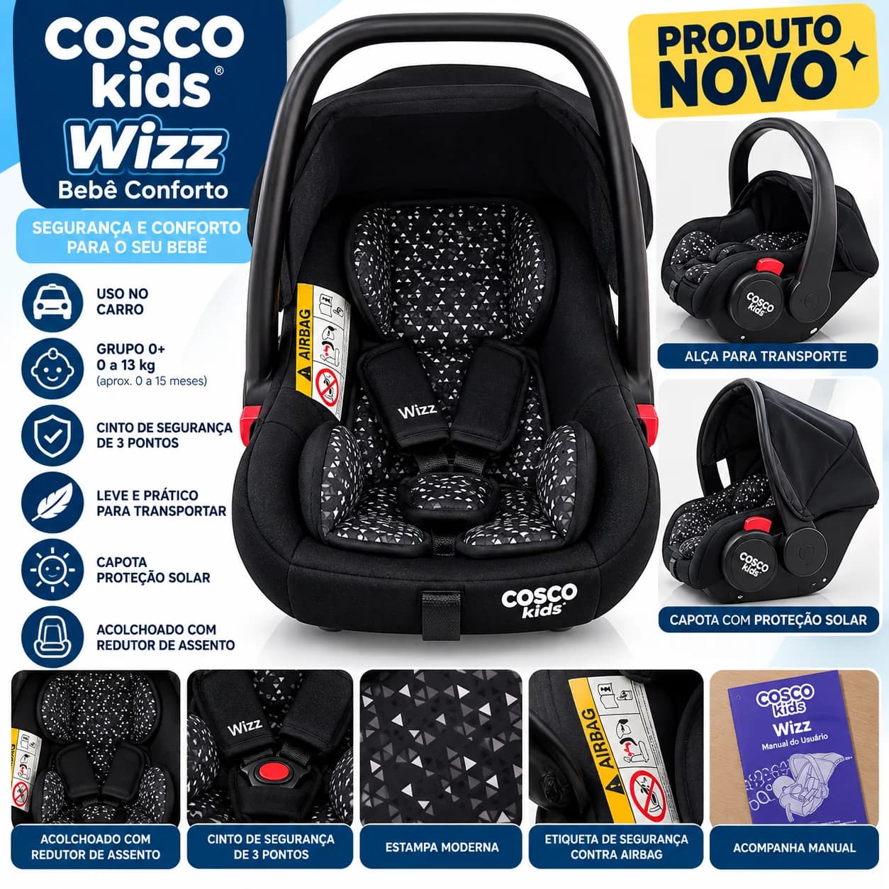 Bebê Conforto Cosco Kids Wizz Preto com Alça – Cadeirinha Infantil para Carro \ 0 a 13 kilos - 1