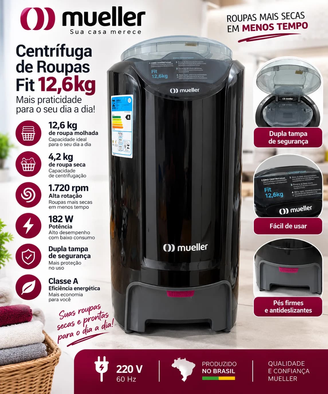 Centrífuga de Roupas Mueller Fit 12,6kg Preta 220V 182W - 1
