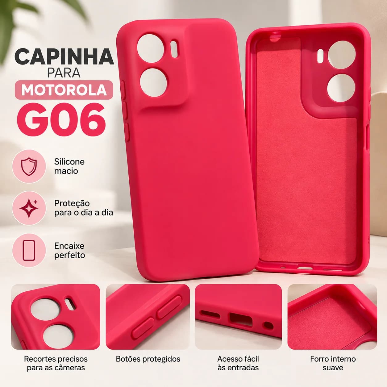 Capinha Silicone Rosa para Motorola Moto G06 – Proteção para Câmera - 1