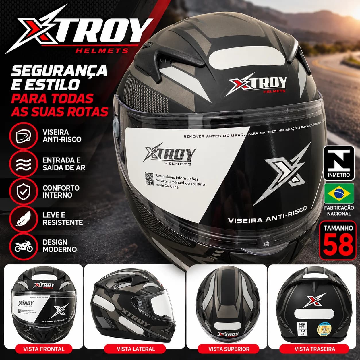 Capacete Fechado Xtroy Drone Preto e Prata Fosco Tam 58 com Viseira e Óculos Interno - 1
