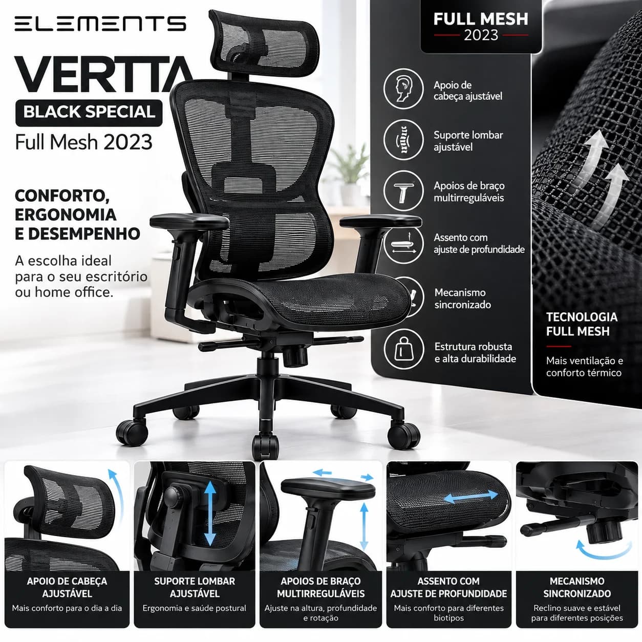 Cadeira de Escritório Ergonômica Elements Vertta Black Special Full Mesh Preta - 1