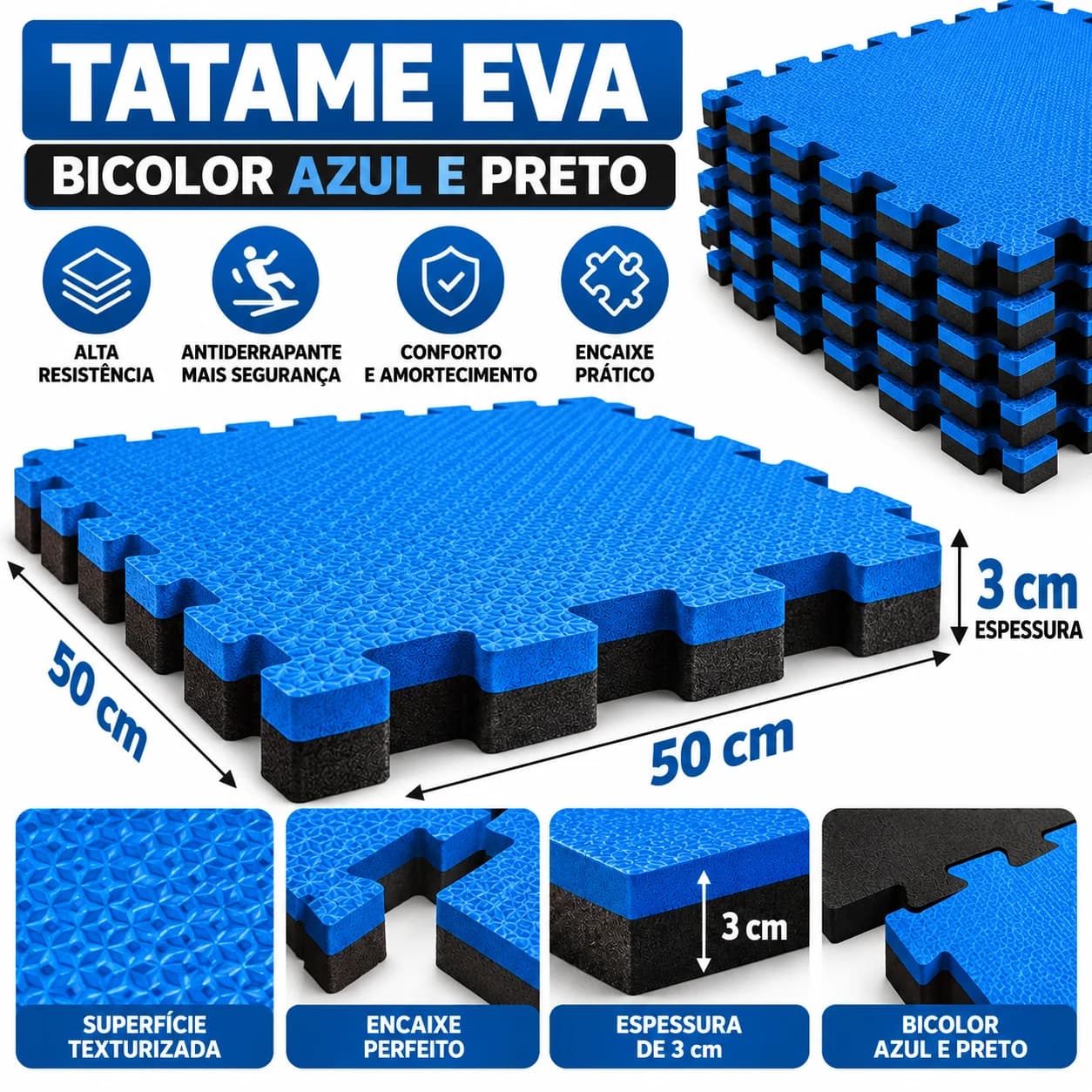 Kit 6 Tatames Tapetes Eva Bicolor Azul Com Preto 50x50x3cm - 1