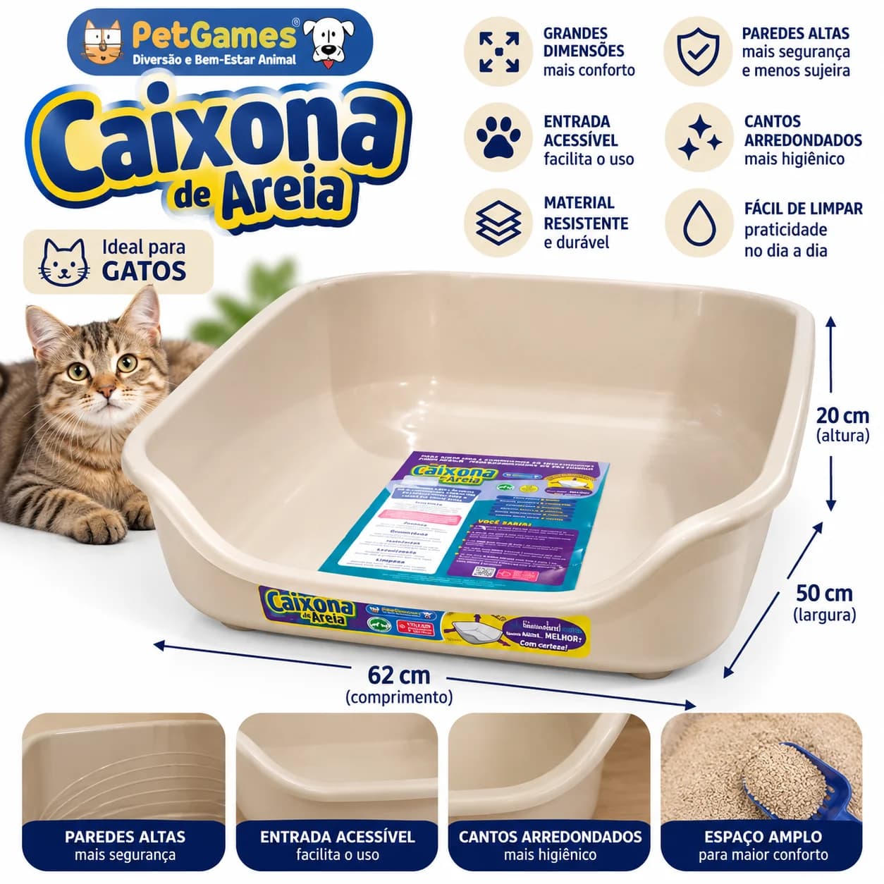 Caixona de Areia Pet Games Grande para Gatos 62x50x20cm – Bege - 1