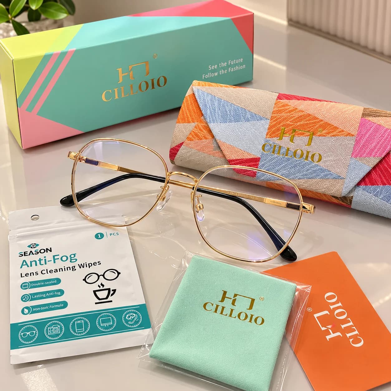 Óculos Feminino Dourado HJ CILOLO com Lentes Sem Grau + Estojo e Acessórios - 1