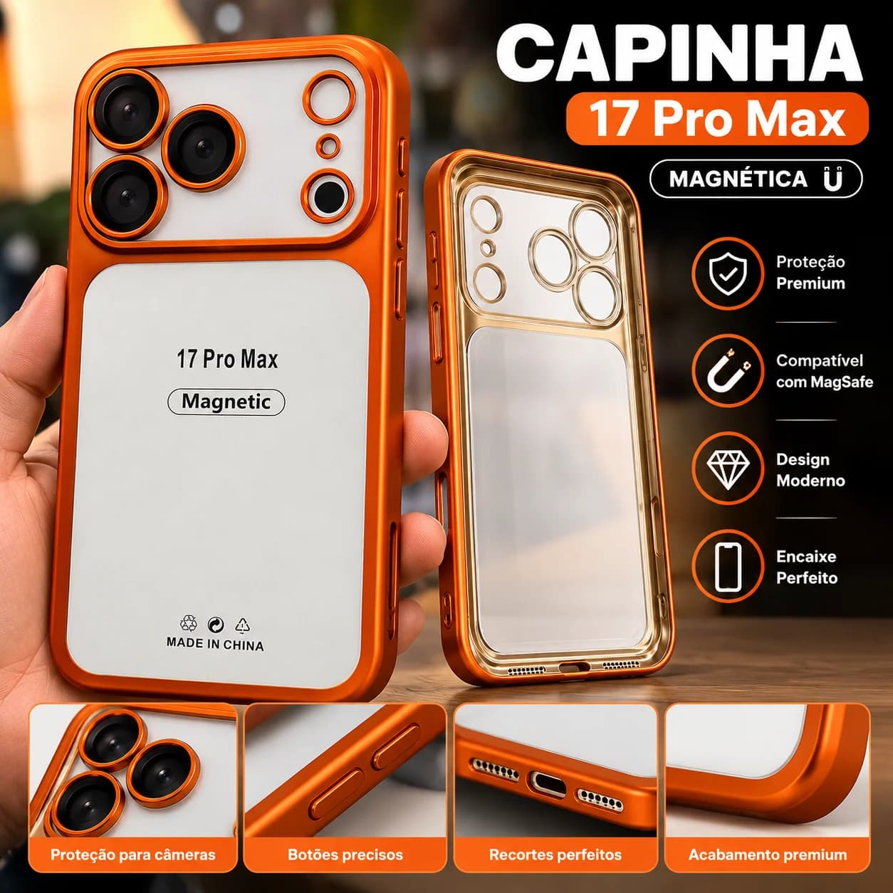Capinha Magnética Laranja para iPhone 17 Pro Max – Proteção para Câmeras - 1