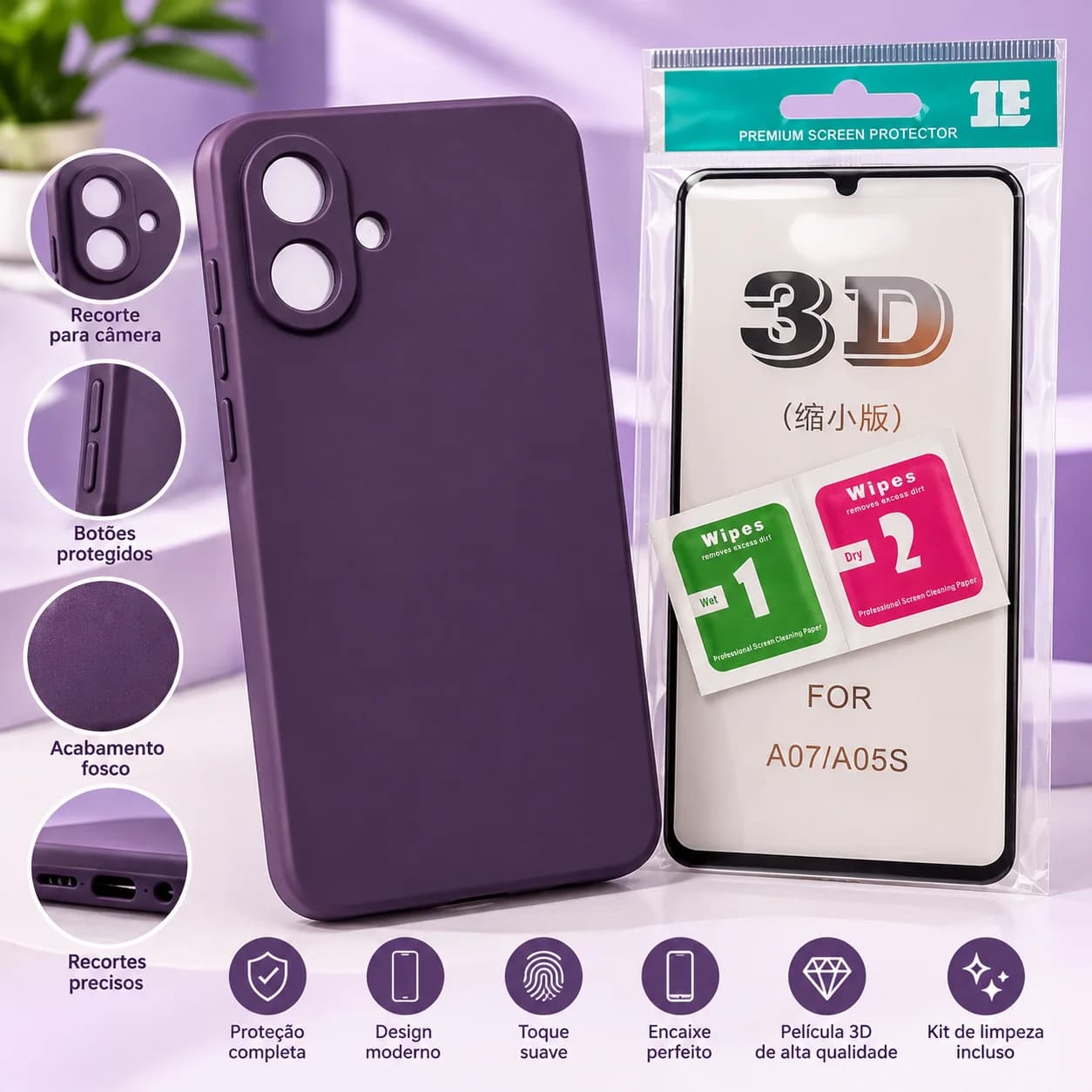 Kit Capinha Roxa + Película 3D para Samsung Galaxy A07 / A05s - 1
