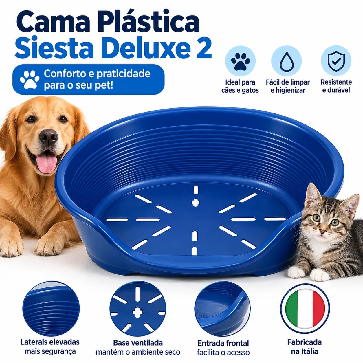 Cama Plástica para Cães e Gatos Siesta Deluxe 2 Azul – Fabricada na Itália - 1