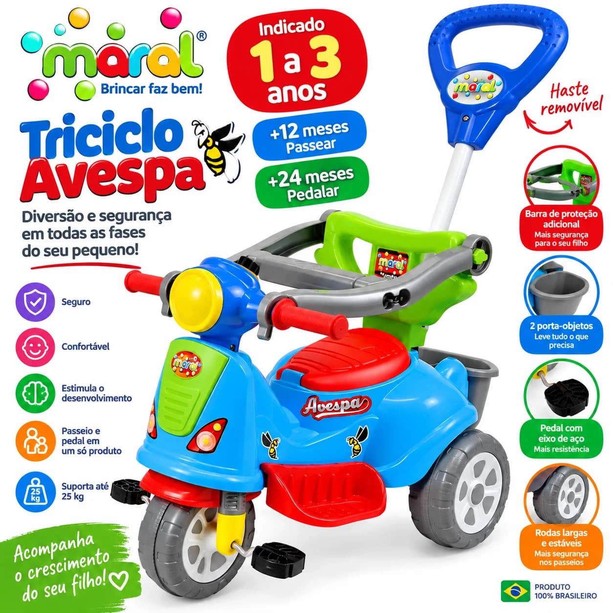 Triciclo Infantil Maral Avespa Passeio e Pedal com Haste 1 a 3 Anos - 1