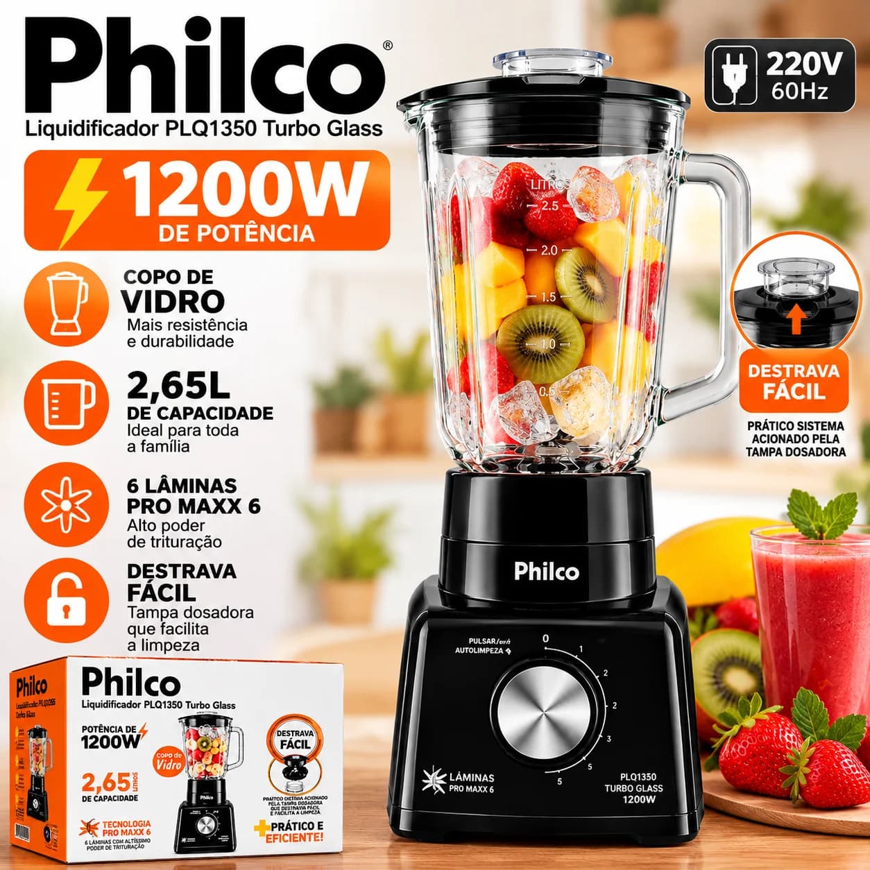 Liquidificador Philco PLQ1350 Turbo Glass 1200W 2,65L Copo de Vidro 6 Lâminas – 220V - 1