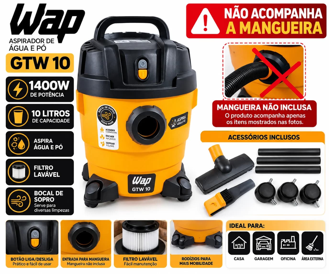 Aspirador de Água e Pó WAP GTW 10 1400W 10L 110V – Sem Mangueira - 1