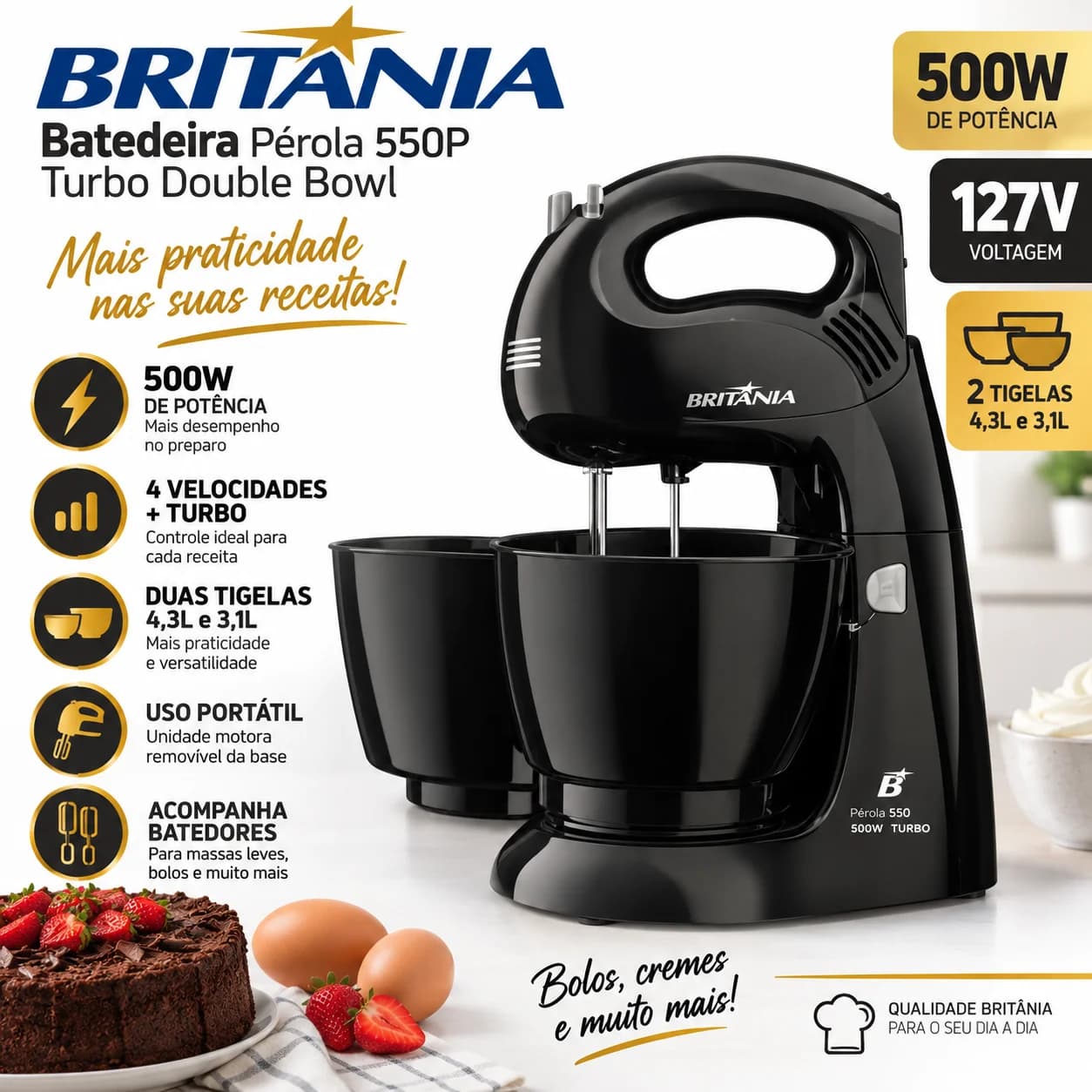 Batedeira Britânia Pérola 550P Double Bowl 500W 127V 2 Tigelas Preta - 1