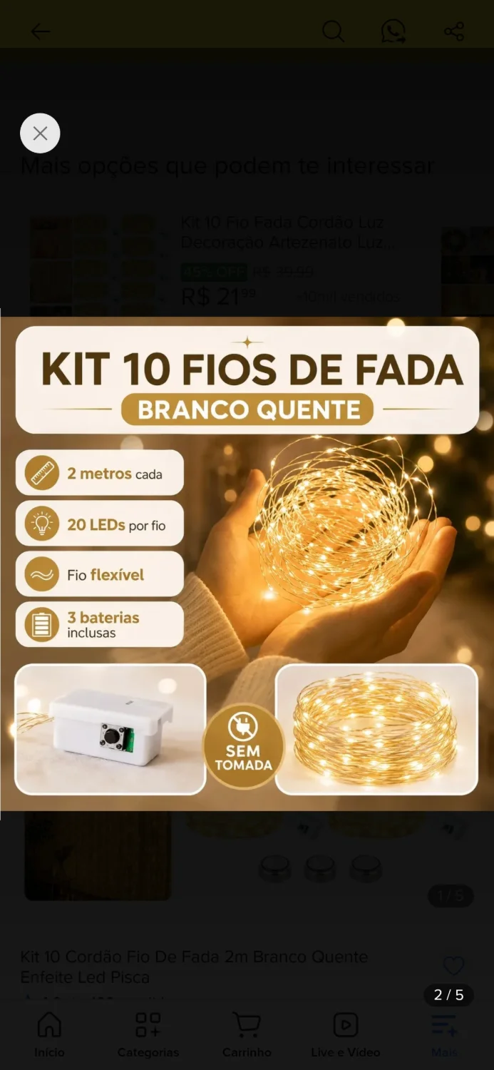 Kit 10 Cordão Fio De Fada 2m Branco Quente Enfeite Led Pisca - 2