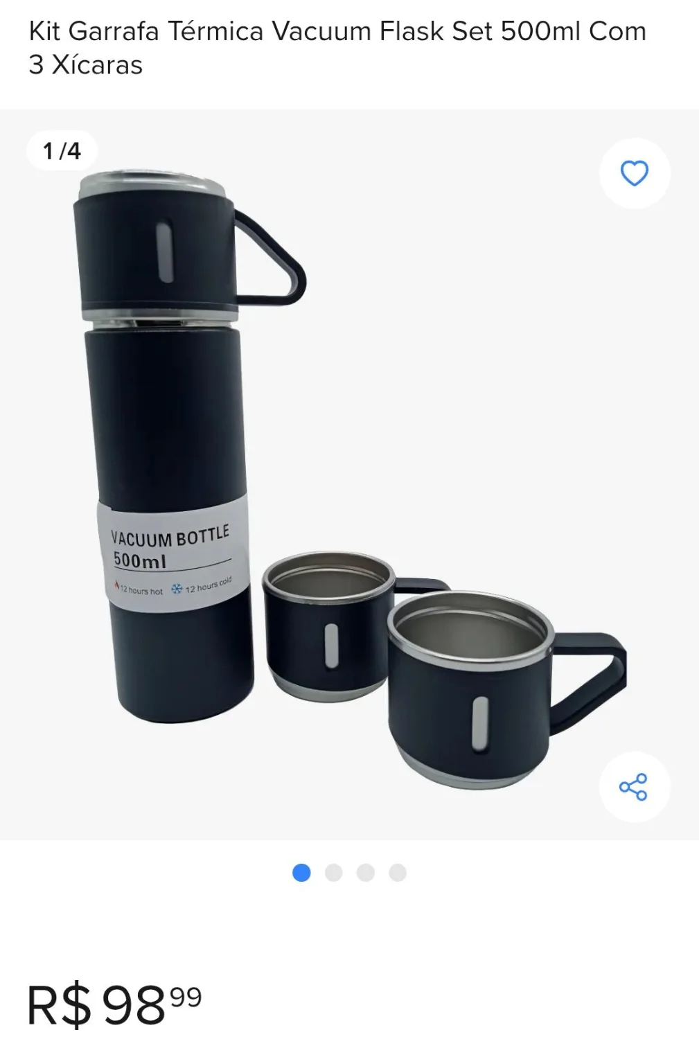 Kit Garrafa Térmica 500ml Com 3 Xícaras. - 1