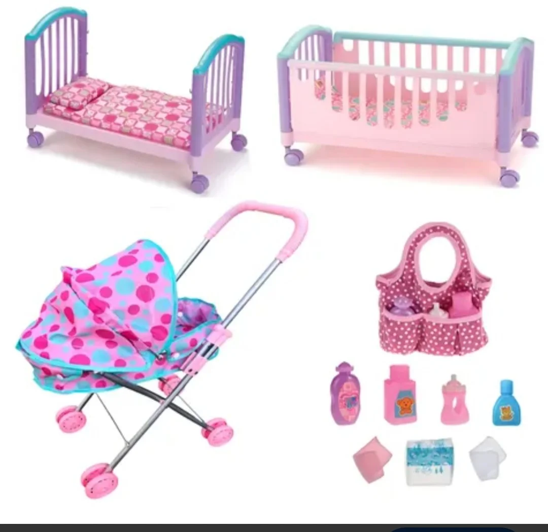 Kit Carrinho Boneca Bebê Com Berço Caminha e Bolsinha - 1