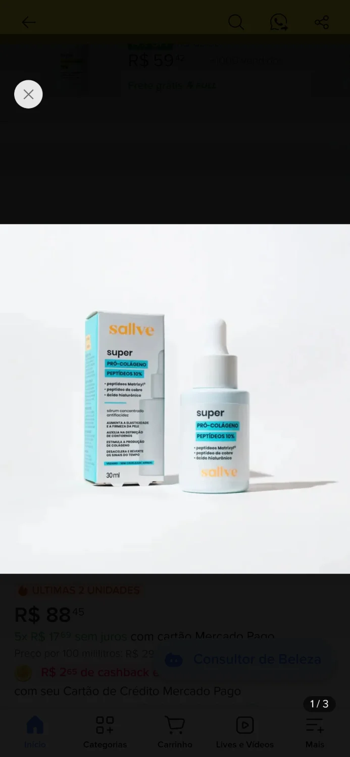 Super Pró-colágeno 10% Peptídeos Sallve 30ml Momento de aplicação Dia/Noite Tipo de pele Normal - 1