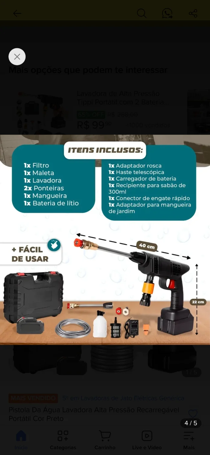 Lavadora Alta Pressão Recarregável Portátil - 2