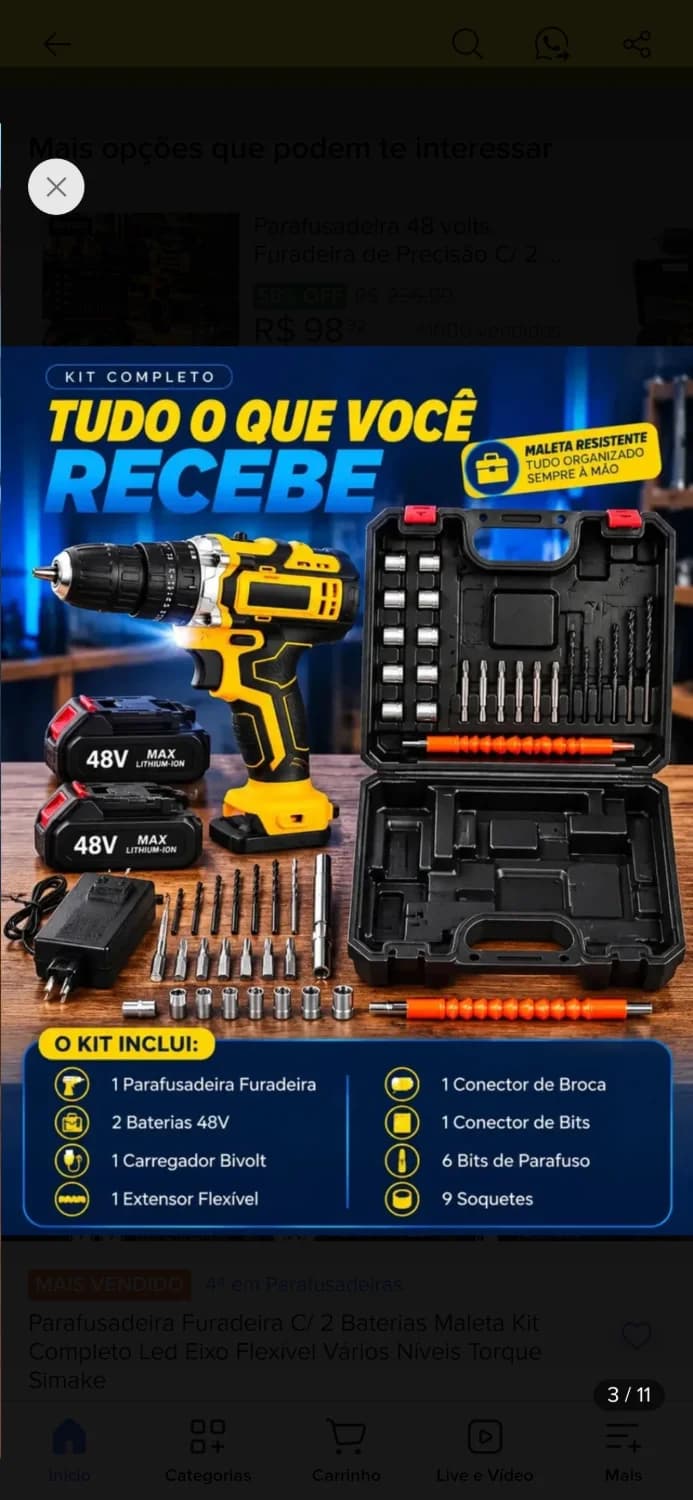 Parafusadeira Furadeira C/ 2 Baterias Maleta Kit Completo Led - 1