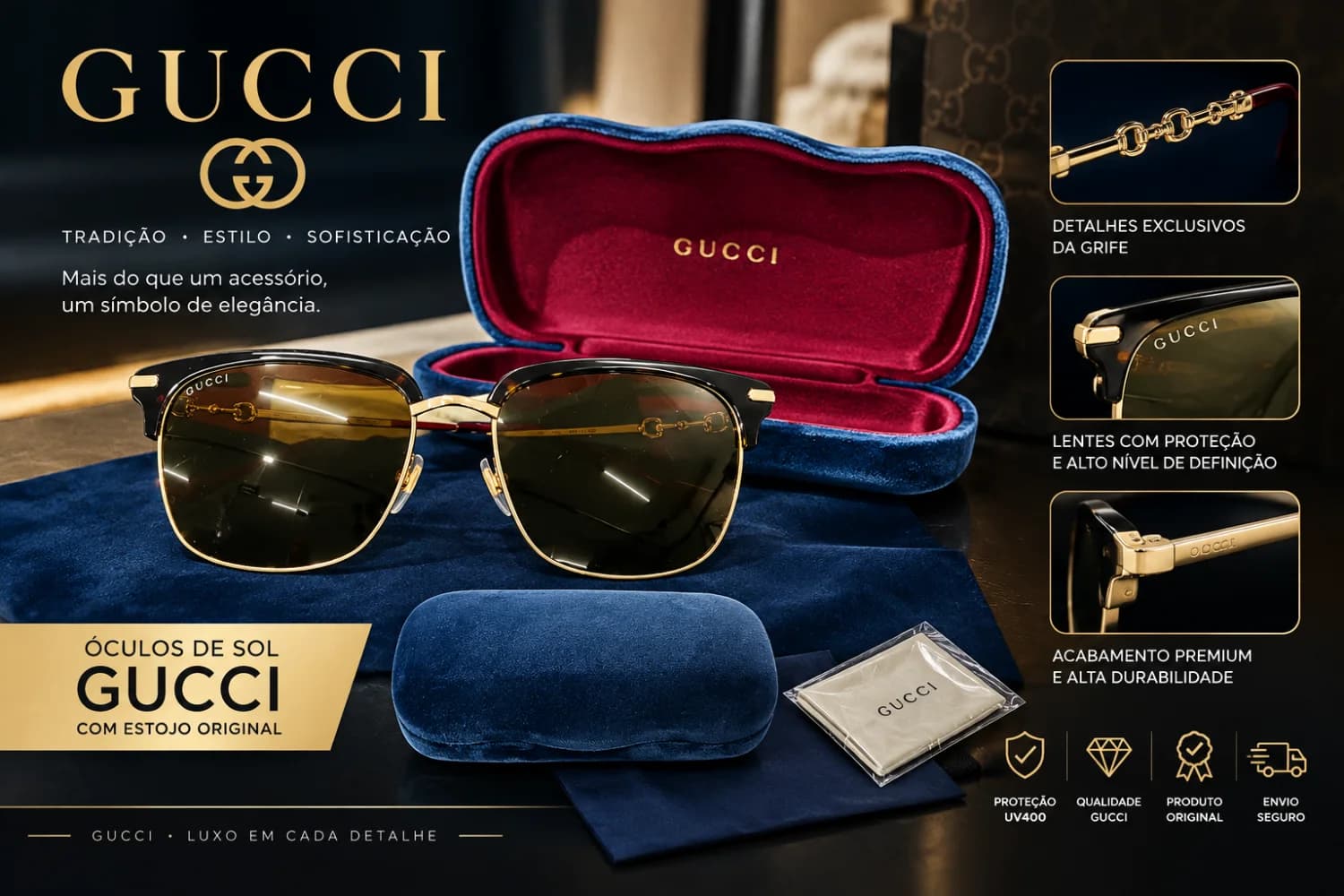OCULOS GUCCI MASCULINO GG0918S COR PRETO COM DOURADO - 1