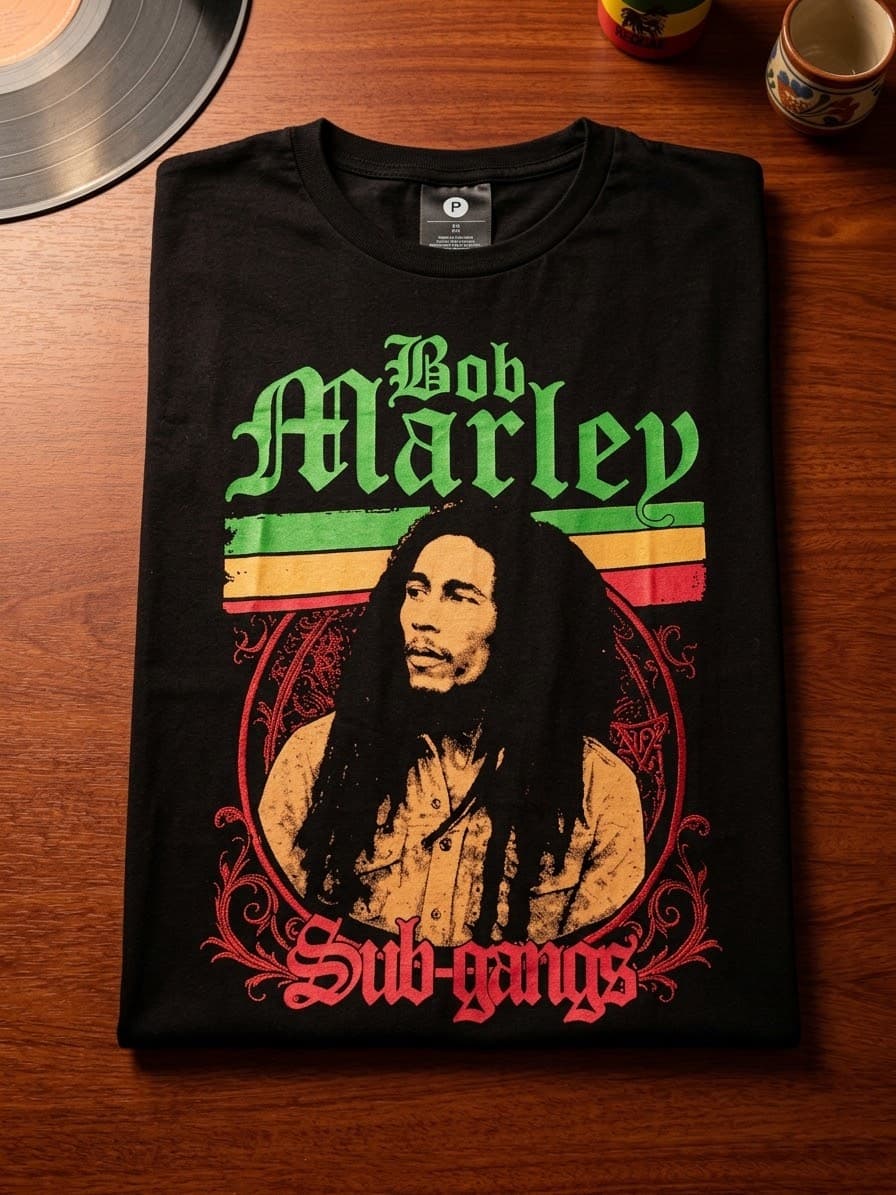 Camiseta Bob Marley "Sub-Gangs" Preta Estilo Vintage - Tamanho P - 1
