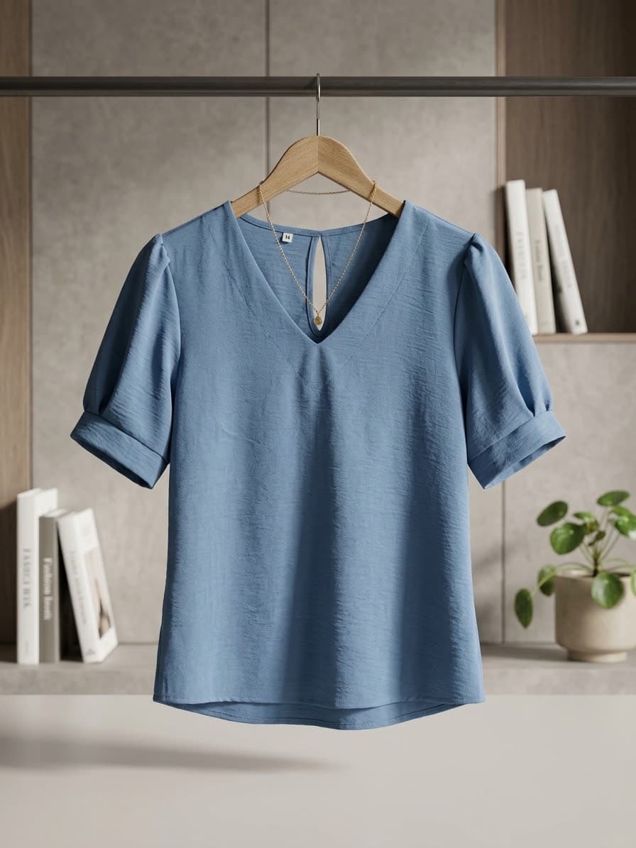 Blusa Feminina Elegante Manga Princesa / Bufante - Azul Sereno (Tamanho M) - 1