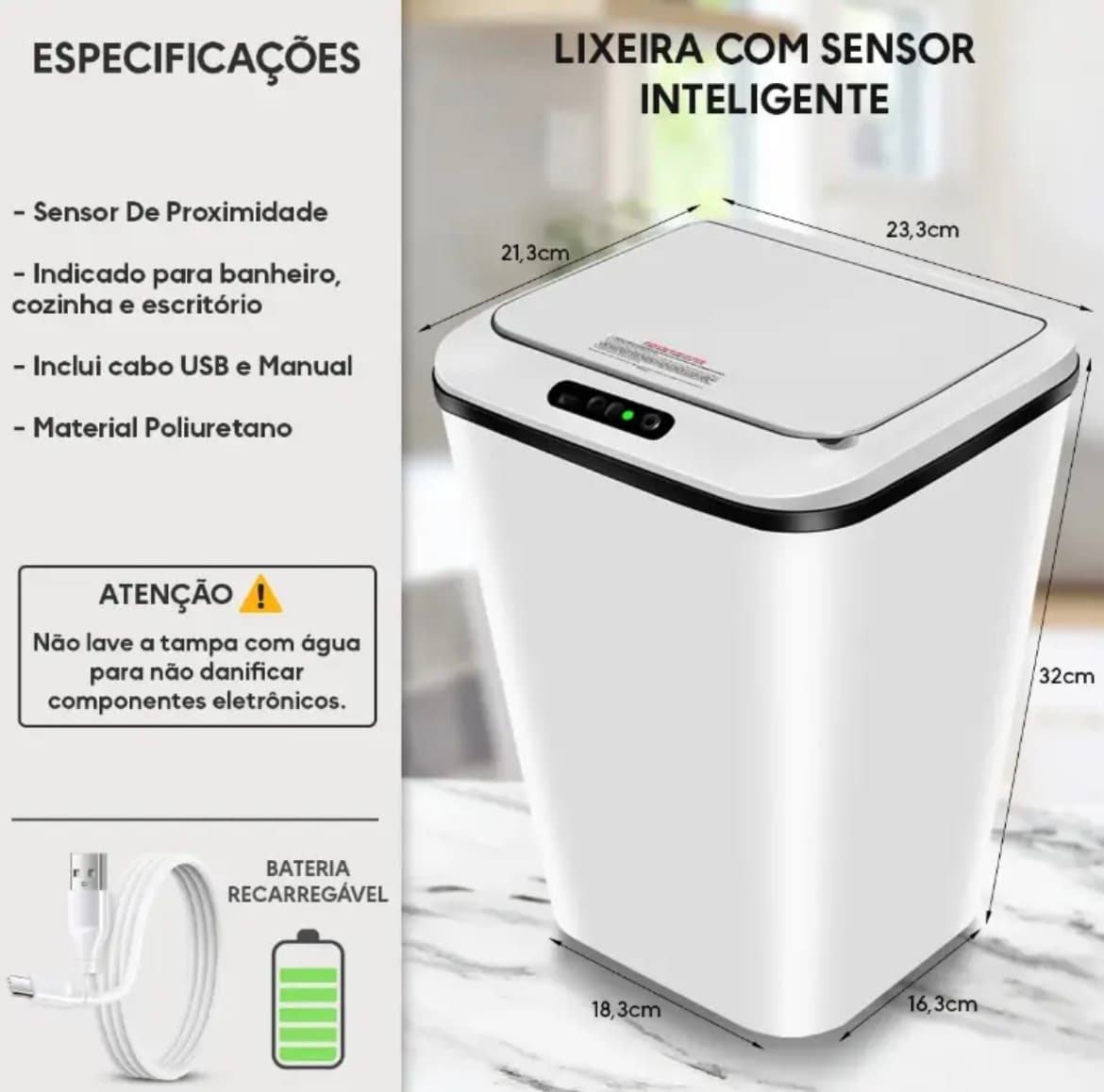 Lixeira Automática Inteligente 16L com Sensor de Movimento – Para Banheiro, Cozinha e Escritório, Silenciosa e Sem Toque - 1