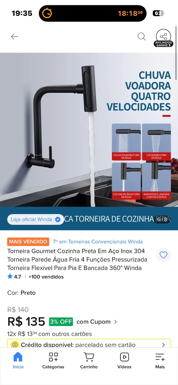 Torneira de parede monocomando gourmet de cozinha 4 jatos - 1