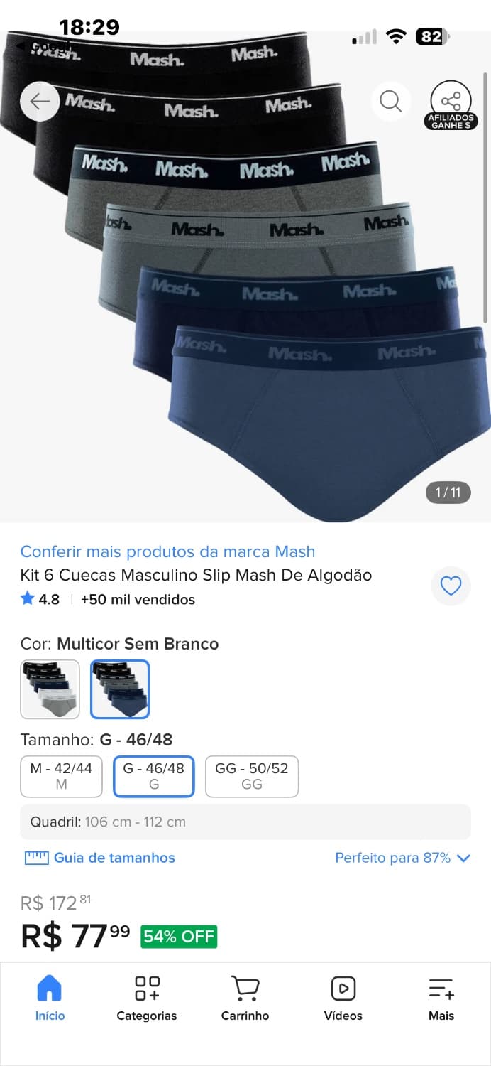 Kit com 6 cuecas slip da MASH Tam G cores sortidas s/ branca - 1