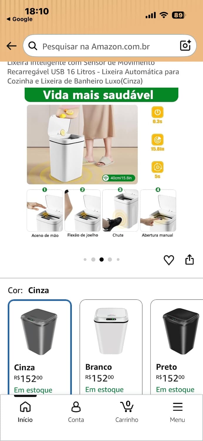 Lixeira inteligente 16L sensor automático recarregável via cabo Usb - 1