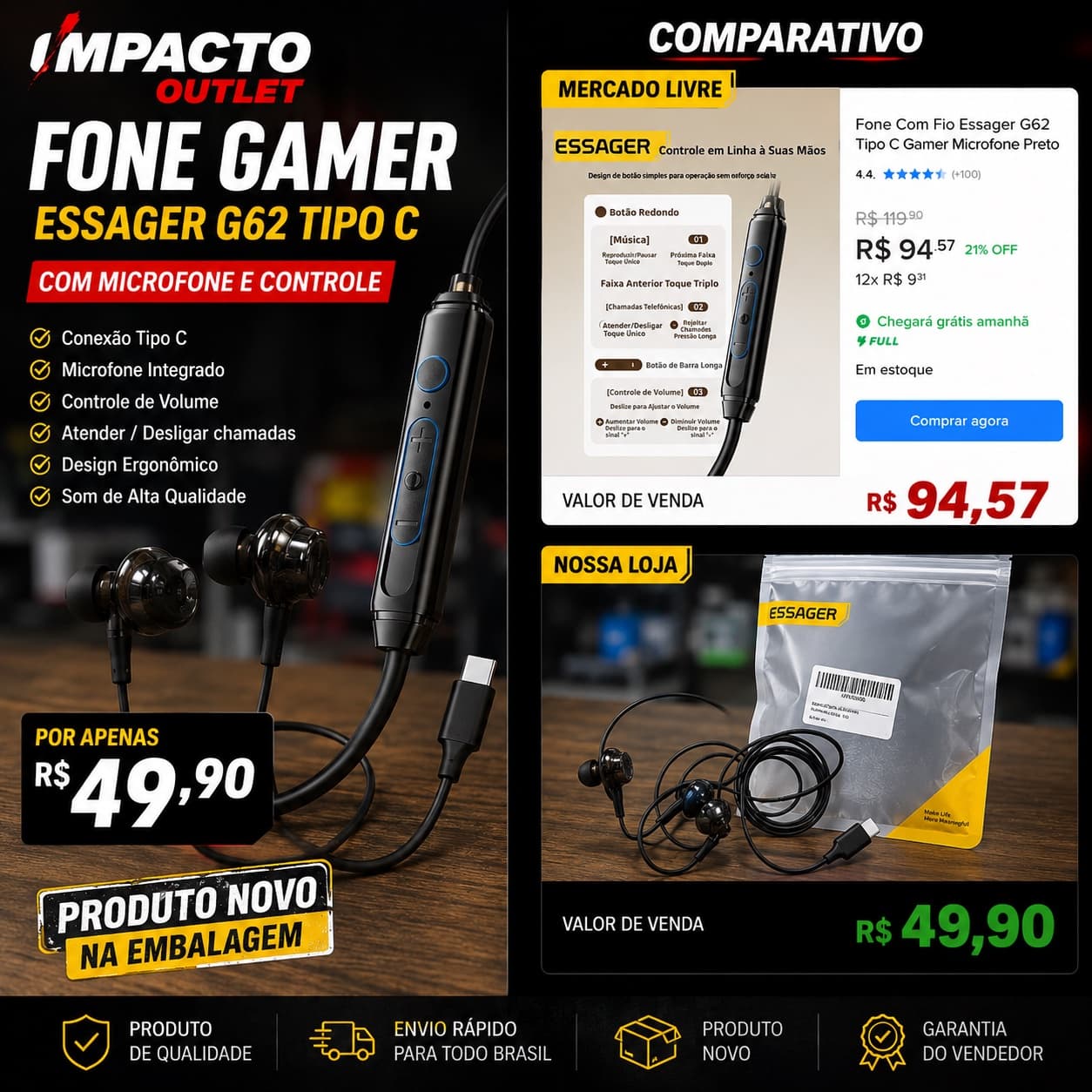 🔥 Fone de Ouvido Essager G62 Gamer – USB Tipo C - 1