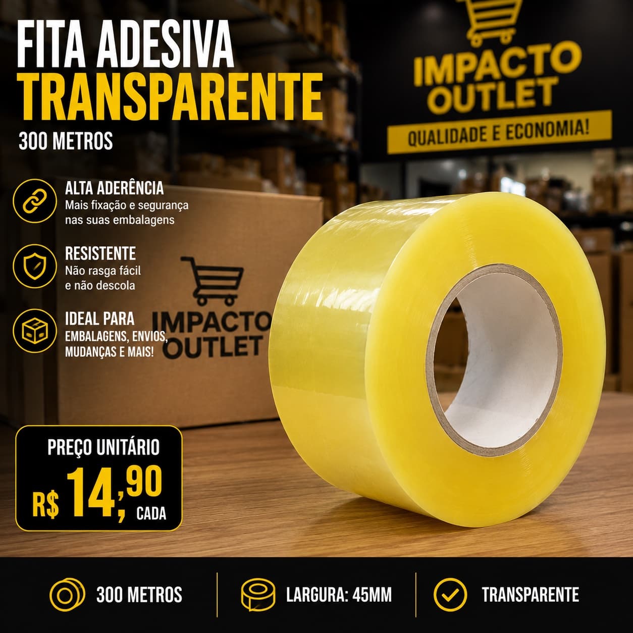 Fita Adesiva Transparente 300 Metros – Alta Resistência e Máximo Rendimento! - 1
