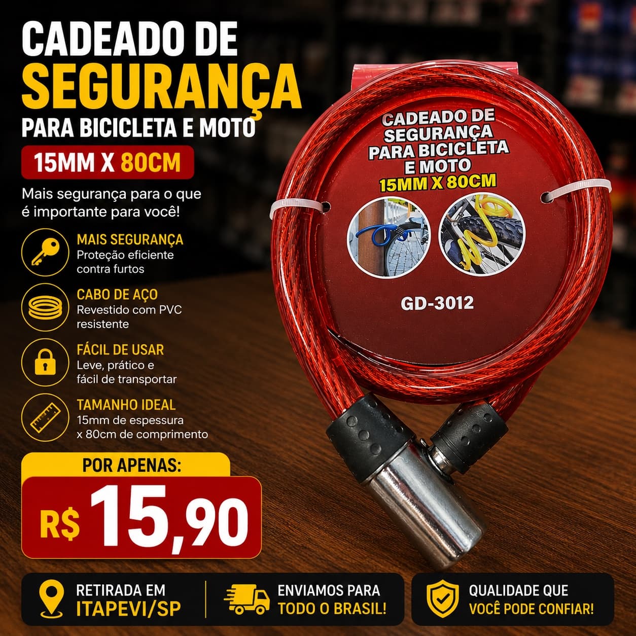 🔒 Cadeado de Segurança para Bicicleta e Moto 15mm x 80cm – Proteja Seu Patrimônio por Apenas R$ 15,90! - 1