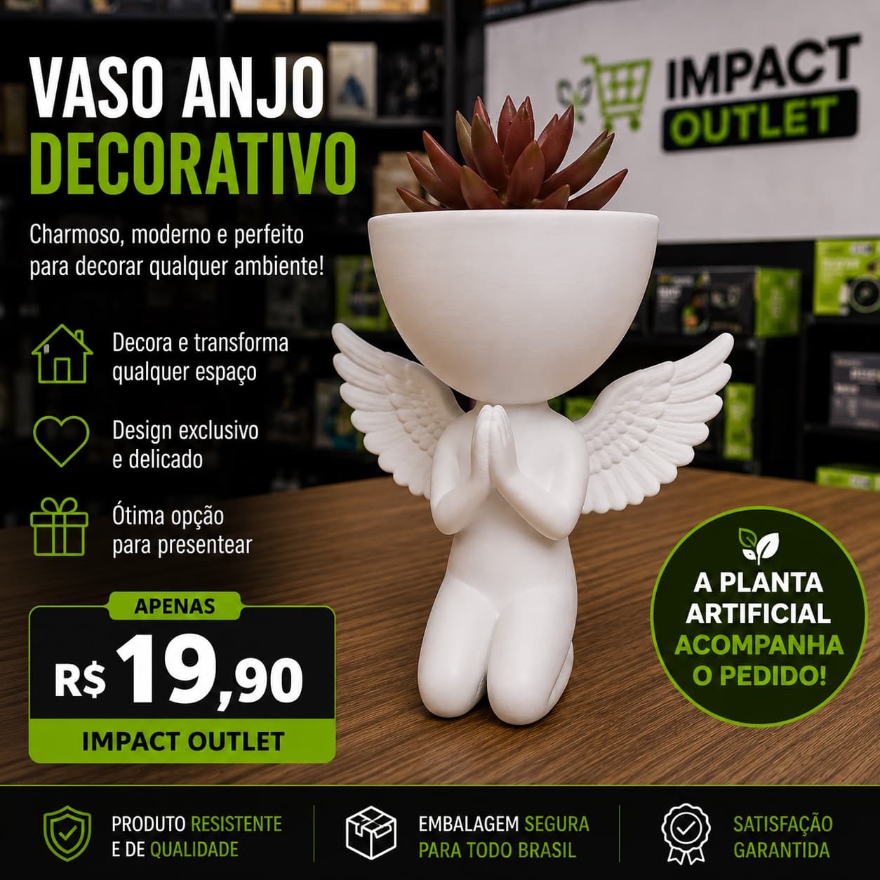 👼 Vaso Anjo Decorativo com Planta Artificial – Apenas R$ 19,90! - 1