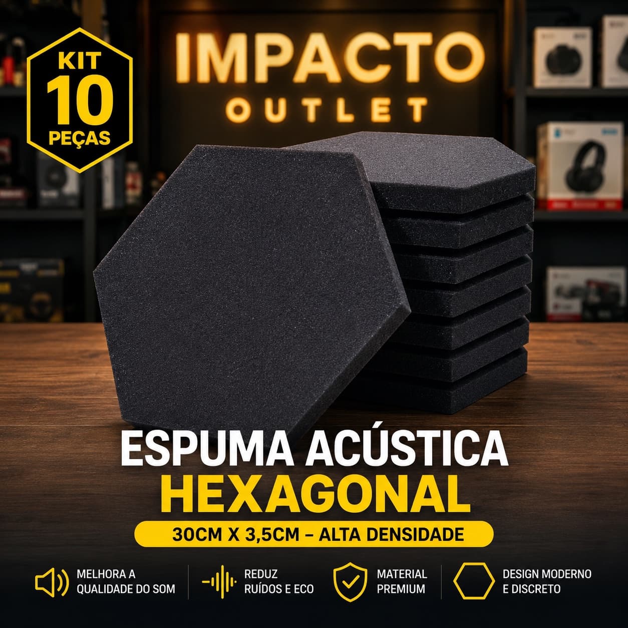 Kit com 10 Espumas Acústicas Hexagonais 30x30 cm – Alta Densidade - 1