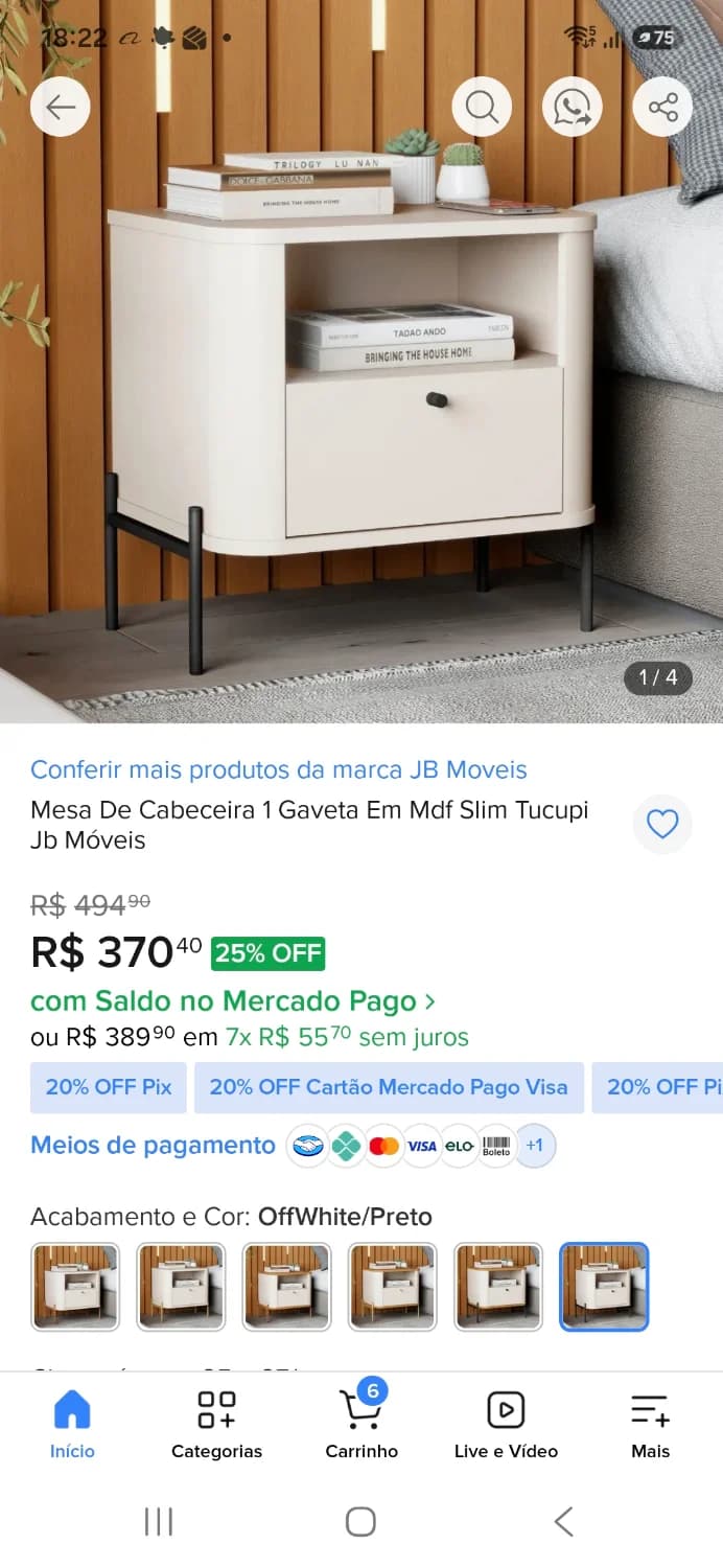 Mesa de cabeceira 1 gaveta Alt 45cm Lar 45 cm e Prof 33cm cor bege - 1