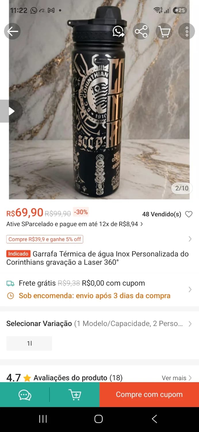 Garrafa térmica Corinthians 1litro - 2
