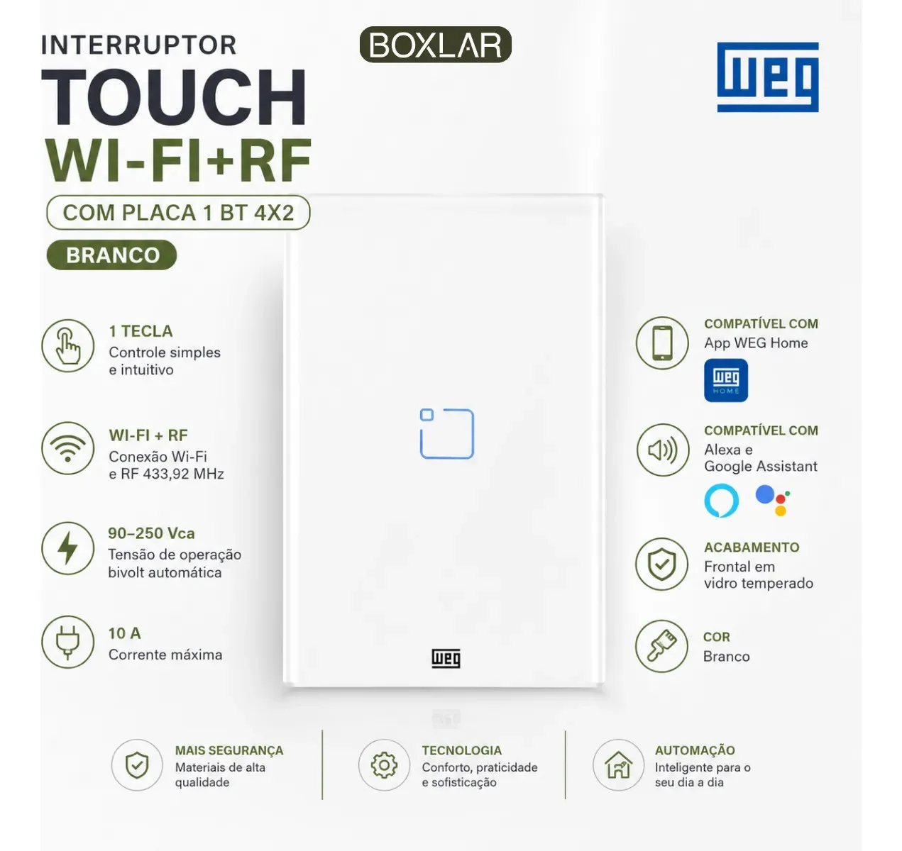 Interruptor Inteligente Touch Wi-fi 1 Botão 4x2 Weghome - 1