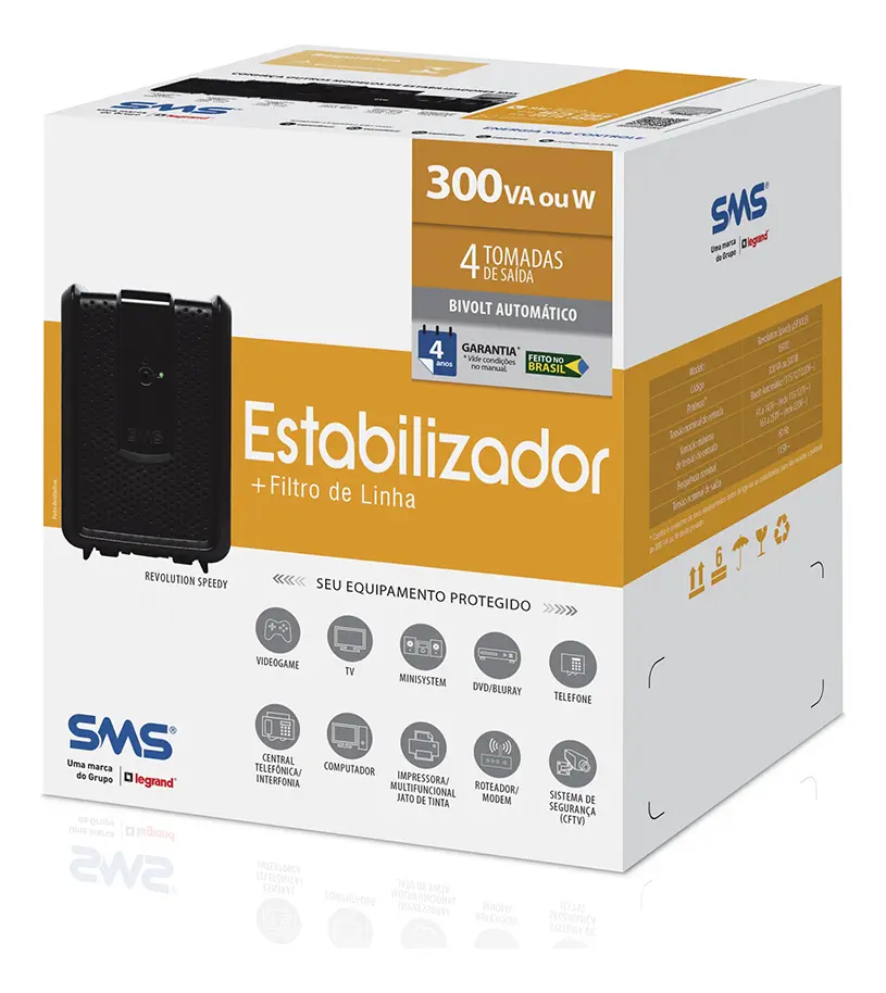 SMS ESTABILIZADOR REVOLUTION SPEEDY 300VA | 300W - BIVOLT ENT: - SAÍDA: TOMADAS - PN 15970 - 1